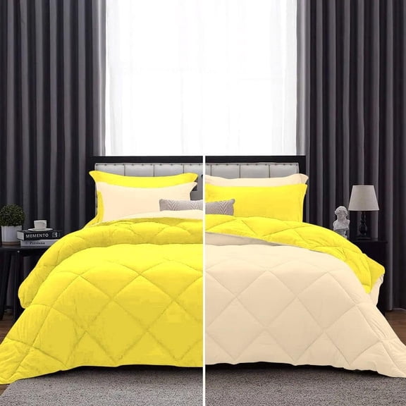 DNG Creations 1 Piece Reversible Diamond Pattern Comforter ( Ivory/Yellow Colour ) 550 GSM All - Season 100% Egyptian Cotton, 800 TC - Twin/ Twin XL - Size