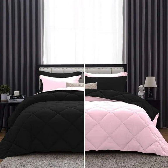 DNG Creations 1 Piece Reversible Diamond Pattern Comforter Solid - 100% Egyptian Cotton, 800 TC ( Full/ Queen - Size ) All-Season 550 GSM ( Light-Pink/Black Colour )