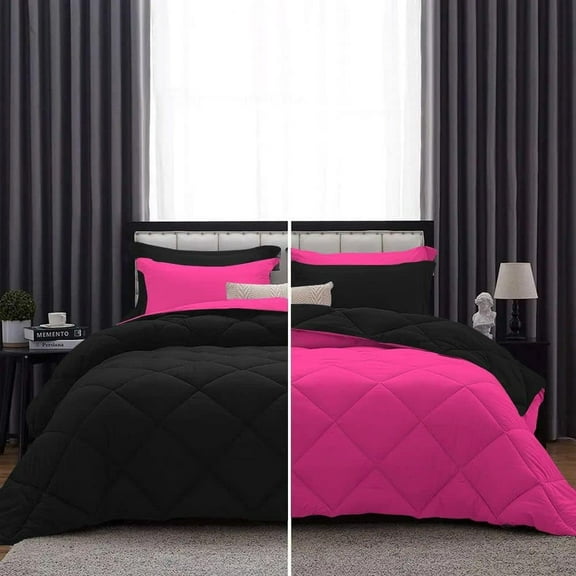 DNG Creations 1 Piece Reversible Diamond Pattern Solid Comforter 800 Threads Count ( Oversized King - Size ) 100% Egyptian Cotton All-Season 550 GSM ( Hot Pink/Black Colour )