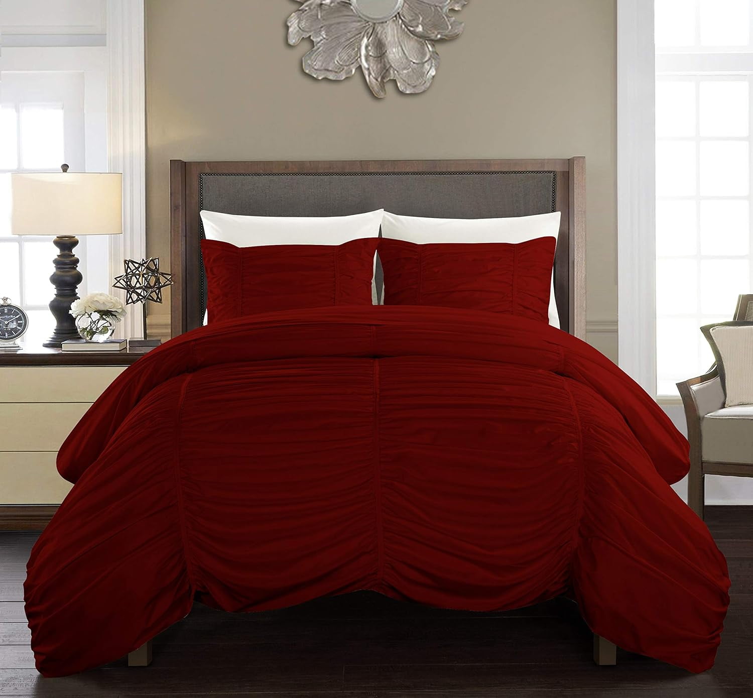DNG Creations 1 Piece Ruched Pattern Duvet Cover 100% Egyptian Cotton, 800 TC- With Zipper Closure & Corner Ties ( Solid Burgundy - Oversized King )