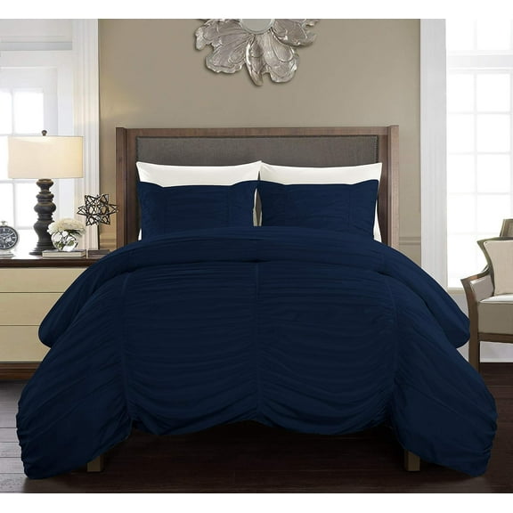 DNG Creations 1 Piece Ruched Pattern Duvet Cover 100% Egyptian Cotton, 800 TC- With Zipper Closure & Corner Ties ( Solid Navy Blue - Full/Queen )