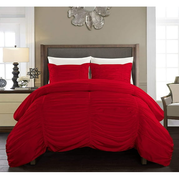 DNG Creations 1 Piece Ruched Pattern Duvet Cover 100% Egyptian Cotton, 800 TC- With Zipper Closure & Corner Ties ( Solid Red - Twin/Twin XL )