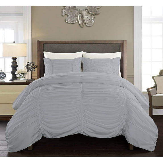 DNG Creations 1 Piece Ruched Pattern Duvet Cover 100% Egyptian Cotton, 800 TC- With Zipper Closure & Corner Ties ( Solid Silver - Oversized King )