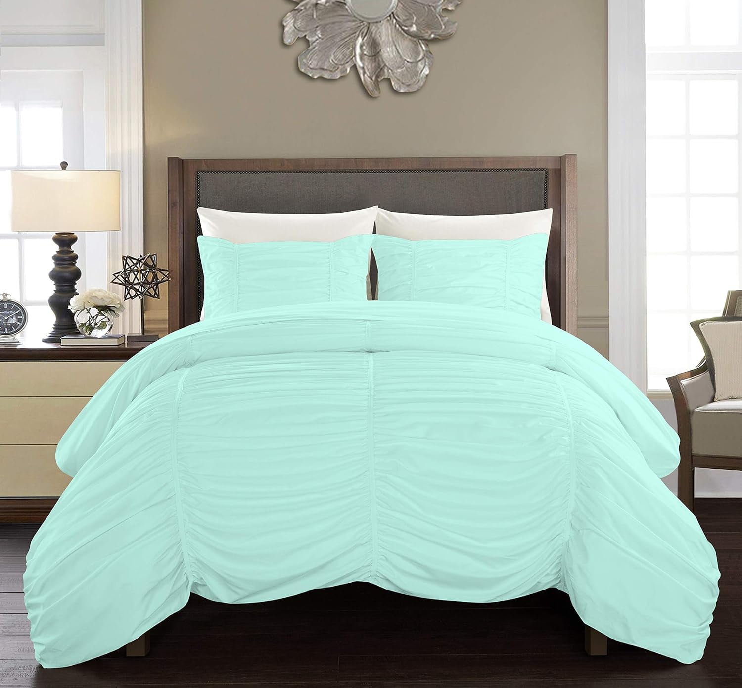 DNG Creations 1 Piece Ruched Pattern Duvet Cover 100% Egyptian Cotton, 800 TC- With Zipper Closure & Corner Ties ( Solid Auqa Blue - Oversized Queen )