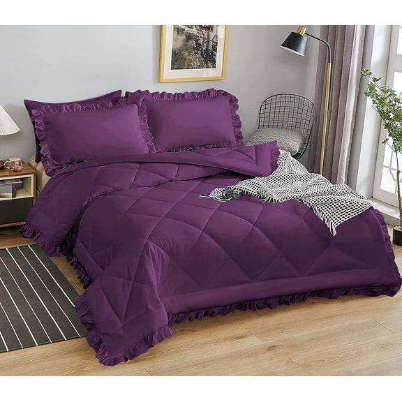 DNG Creations 1 Piece Ruffle Diamond Comforter All Season 550 GSM Oversized King Size - 800 Threads Count, 100% Egyptian Cotton Solid Plum Colour