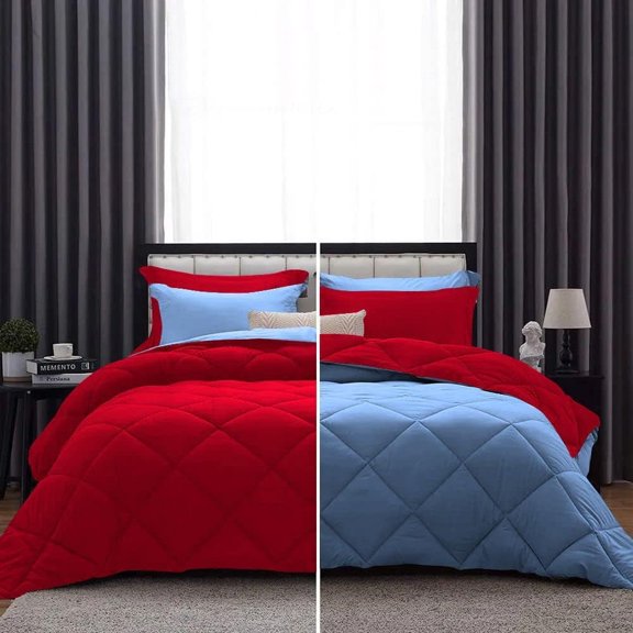 DNG Creations 1 Piece Solid Reversible Diamond Pattern Comforter 550 GSM All Season 800 TC, 100% Egyptian Cotton - Oversized Queen - Size ( Medium-Blue/Red Colour )