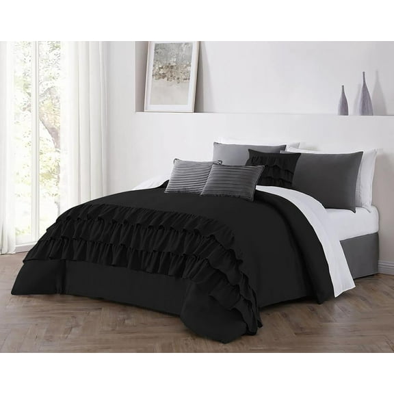 DNG Creations 1 Piece Three Line Ruffle Duvet Cover With Zipper Closure & Corner Ties - 800 Threads Count, 100% Egyptian Cotton ( Solid Black - Twin/Twin XL )