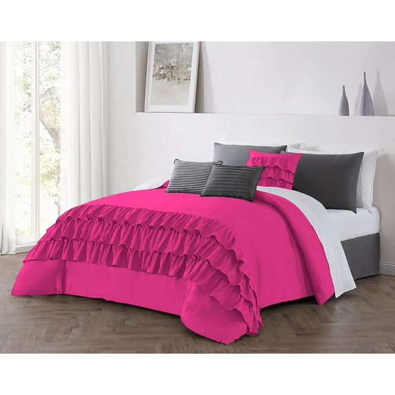 DNG Creations 1 Piece Three Line Ruffle Duvet Cover With Zipper Closure & Corner Ties - 800 Threads Count, 100% Egyptian Cotton ( Solid Hot Pink - Full/Queen )