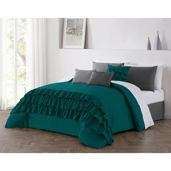 DNG Creations 1 Piece Three Line Ruffle Duvet Cover With Zipper Closure & Corner Ties - 800 Threads Count, 100% Egyptian Cotton ( Solid Teal - California King )