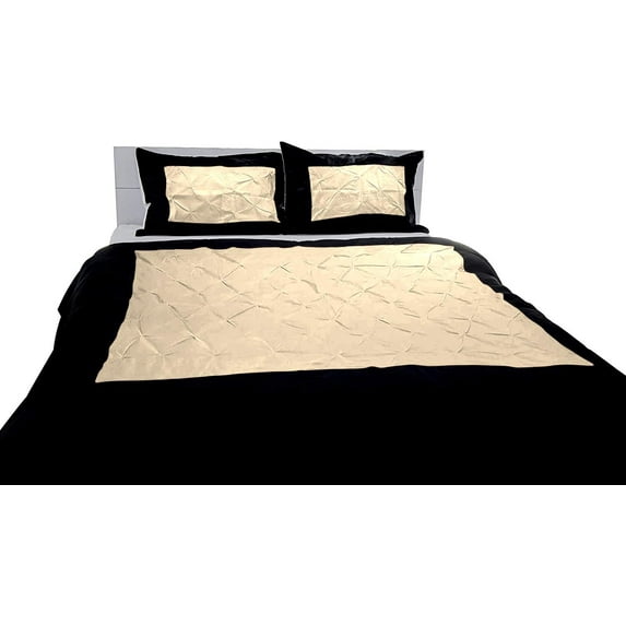 DNG Creations 1 Piece Two Tone Pinch Pleated Duvet Cover With Zipper Closure & Corner Ties 100% Egyptian Cotton ( Solid Black/ Ivory - Oversized Queen )