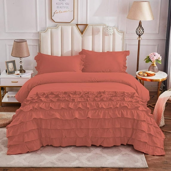 DNG Creations 1 Piece Vintage Ruffle Duvet Cover 100% Egyptian Cotton, 800 Threads Count - With Zipper & Corner Ties ( Full/Queen - Solid Brick Red )