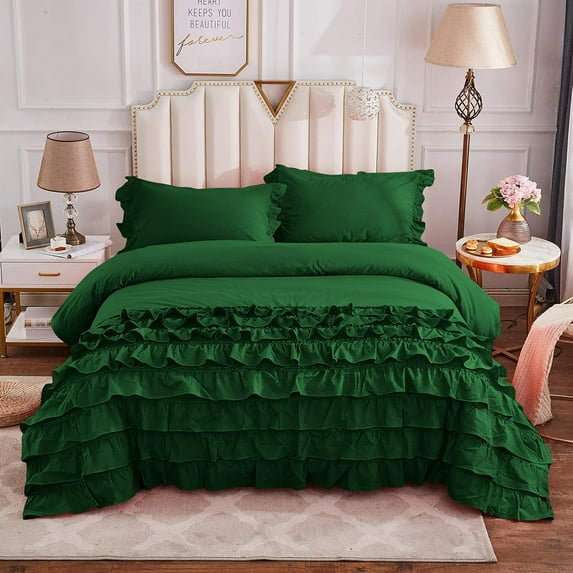 DNG Creations 1 Piece Vintage Ruffle Duvet Cover 100% Egyptian Cotton, 800 Threads Count - With Zipper & Corner Ties ( Full/Queen - Solid Green )