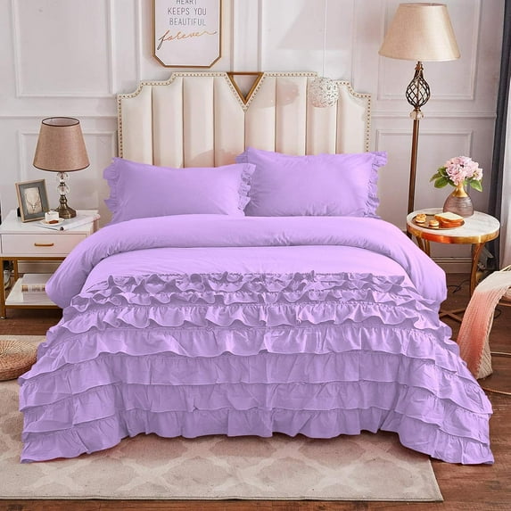 DNG Creations 1 Piece Vintage Ruffle Duvet Cover 100% Egyptian Cotton, 800 Threads Count - With Zipper & Corner Ties ( Oversized Queen - Solid Lilac )