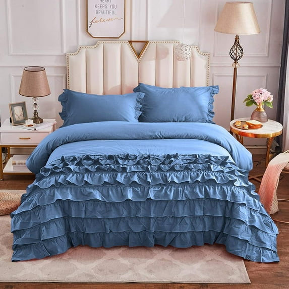 DNG Creations 1 Piece Vintage Ruffle Duvet Cover 100% Egyptian Cotton, 800 Threads Count - With Zipper & Corner Ties ( Oversized Queen - Solid Medium Blue )