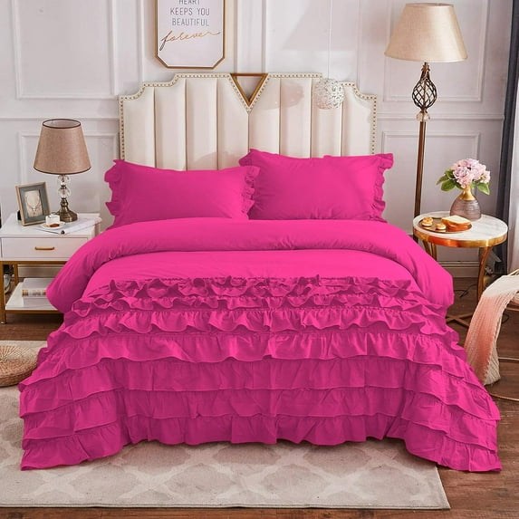 DNG Creations 1 Piece Vintage Ruffle Duvet Cover 100% Egyptian Cotton, 800 Threads Count - With Zipper & Corner Ties ( Oversized King - Solid Hot Pink )