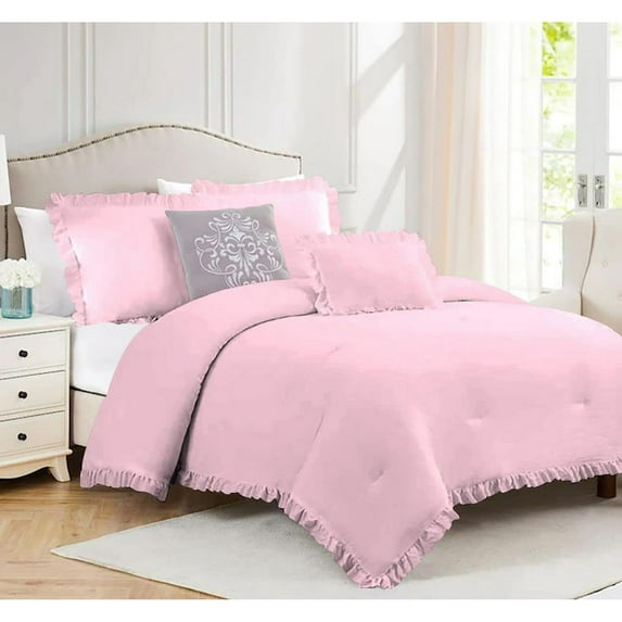 DNG Creations 1 Piece Vintage Ruffle Pattern Comforter Set Premium Ultra Soft 550 GSM All Season ( Oversized Queen Size ) 100% Egyptian Cotton Solid Baby Pink Colour