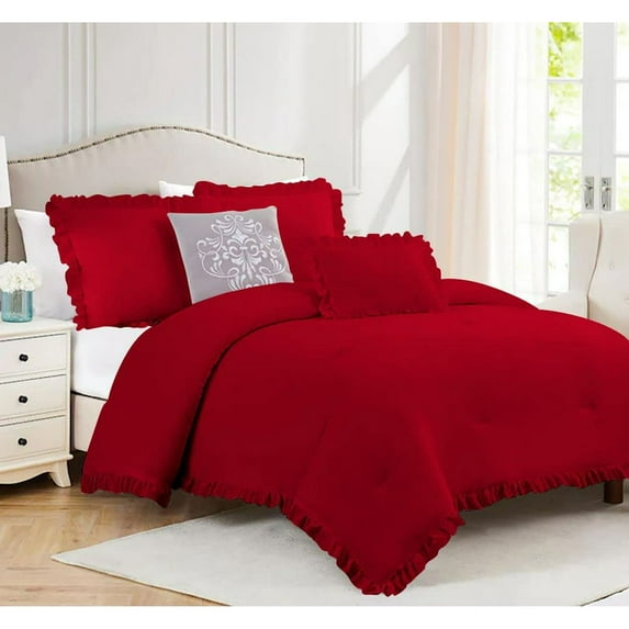 DNG Creations 1 Piece Vintage Ruffle Pattern Comforter Set Premium Ultra Soft 550 GSM All Season ( Full/Queen Size ) 100% Egyptian Cotton Solid Red Colour