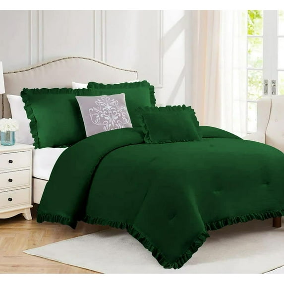 DNG Creations 1 Piece Vintage Ruffle Pattern Comforter Set Premium Ultra Soft 550 GSM All Season ( King/Cal King Size ) 100% Egyptian Cotton Solid Green Colour