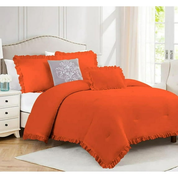 DNG Creations 1 Piece Vintage Ruffle Pattern Comforter Set Premium Ultra Soft 550 GSM All Season ( Oversized Super King Size ) 100% Egyptian Cotton Solid Orange Colour