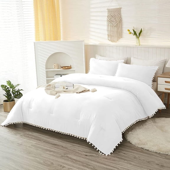 DNG Creations 1 Piece White Pom-Pom Fringe Plain Pattern Comforter ( Oversized King Size ) 100% Egyptian Cotton with 800 Threads Count - Solid White Colour