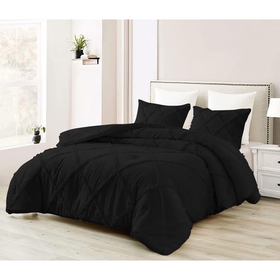 DNG Creations 3 Piece Diamond Ruffle Comforter 100% Egyptian Cotton, 800TC - Solid Black Colour - Super Soft 550 GSM All Season ( Oversized Queen - Size )