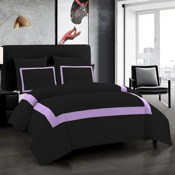 DNG Creations 3 Piece Full Black And Lilac Border Line Pattern Duvet Cover - 100% Egyptian Cotton, 800 Thread Count ( Full/Queen )