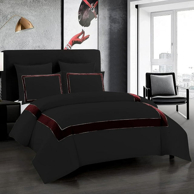 DNG Creations 3 Piece Full Black And Wine Border Line Pattern Duvet Cover - 100% Egyptian Cotton, 800 Thread Count ( Full/Queen )