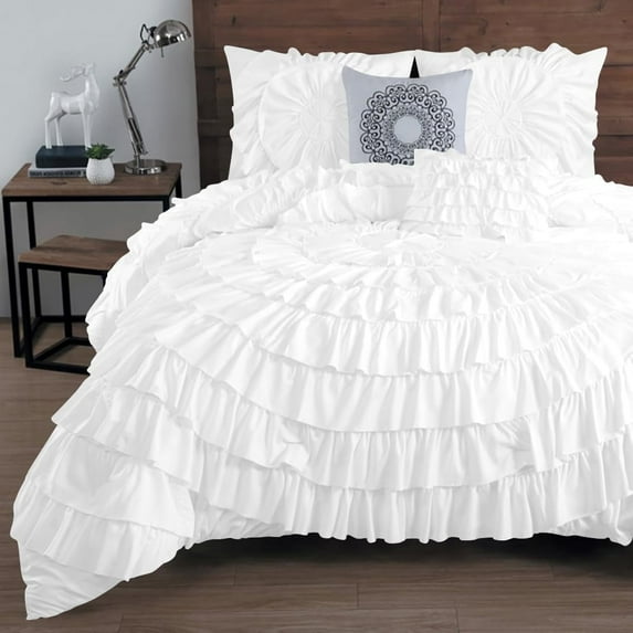 DNG Creations 3 Piece Luxury Circle Ruffle Comforter with 1 Freebie Ruffle Pillow All-season 550 GSM 800TC, 100% Egyptian Cotton ( King/Cal King Size ) Solid White Colour