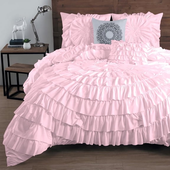 DNG Creations 3 Piece Luxury Circle Ruffle Comforter with 1 Freebie Ruffle Pillow All-season 550 GSM 800TC, 100% Egyptian Cotton ( Full/Queen Size ) Solid Baby Pink Colour