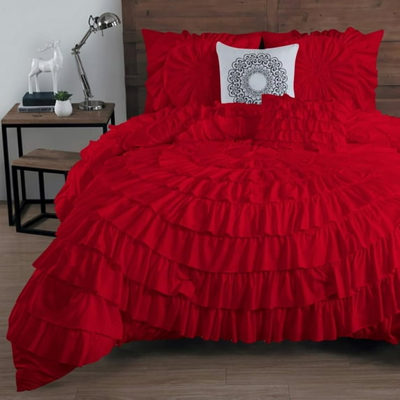 DNG Creations 3 Piece Luxury Circle Ruffle Comforter with 1 Freebie Ruffle Pillow All-season 550 GSM 800TC, 100% Egyptian Cotton ( King/Cal King Size ) Solid Red Colour