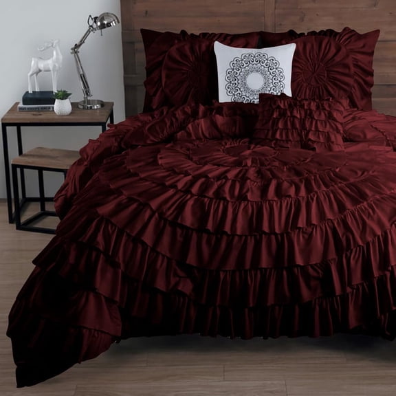 DNG Creations 3 Piece Luxury Circle Ruffle Comforter with 1 Freebie Ruffle Pillow All-season 550 GSM 800TC, 100% Egyptian Cotton ( Oversized Queen Size ) Solid Wine Colour