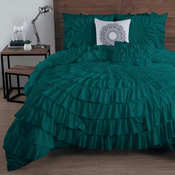 DNG Creations 3 Piece Luxury Circle Ruffle Comforter with 1 Freebie Ruffle Pillow All-season 550 GSM 800TC, 100% Egyptian Cotton ( Oversized Queen Size ) Solid Teal Colour