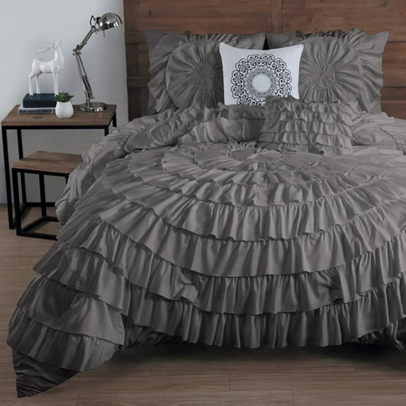 DNG Creations 3 Piece Luxury Circle Ruffle Comforter with 1 Freebie Ruffle Pillow All-season 550 GSM 800TC, 100% Egyptian Cotton ( Oversized Super King Size ) Solid Dark Grey Colour