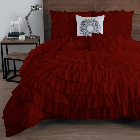 DNG Creations 3 Piece Luxury Circle Ruffle Comforter with 1 Freebie Ruffle Pillow All-season 550 GSM 800TC, 100% Egyptian Cotton ( Twin/Twin XL Size ) Solid Burgundy Colour