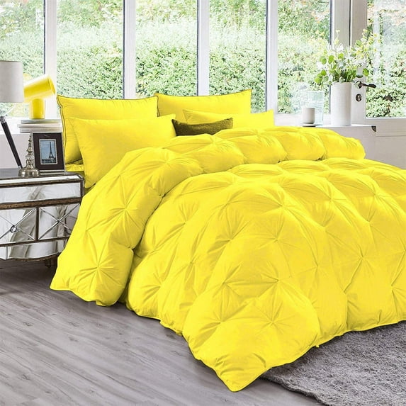 DNG Creations 3 Piece Luxury Pinch Pleated Comforter Set Premium 800 Thread Count 100% Egyptian Cotton-King/California King Size, Solid Yellow Color