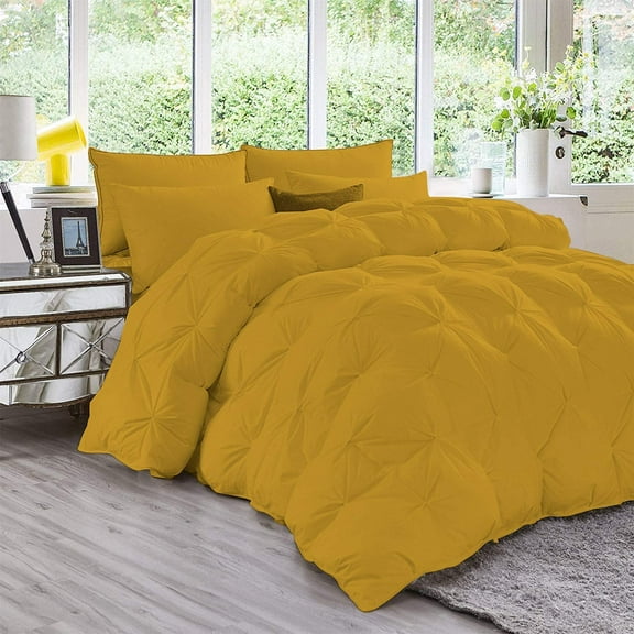 DNG Creations 3 Piece Luxury Pinch Pleated Comforter Set Premium 800 Thread Count 100% Egyptian Cotton-Oversized Queen Size, Solid Gold Color