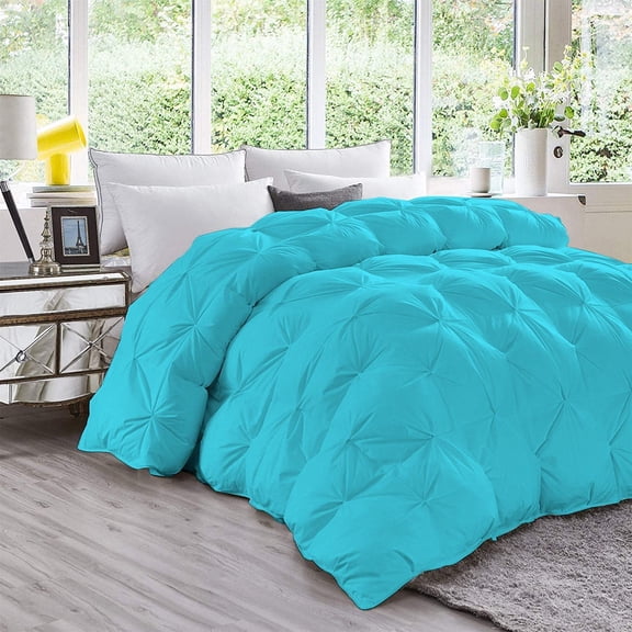 DNG Creations 3 Piece Luxury Pinch Pleated Comforter Set Premium 800 Thread Count 100% Egyptian Cotton-Oversized Queen Size, Solid Turquoise Blue Color