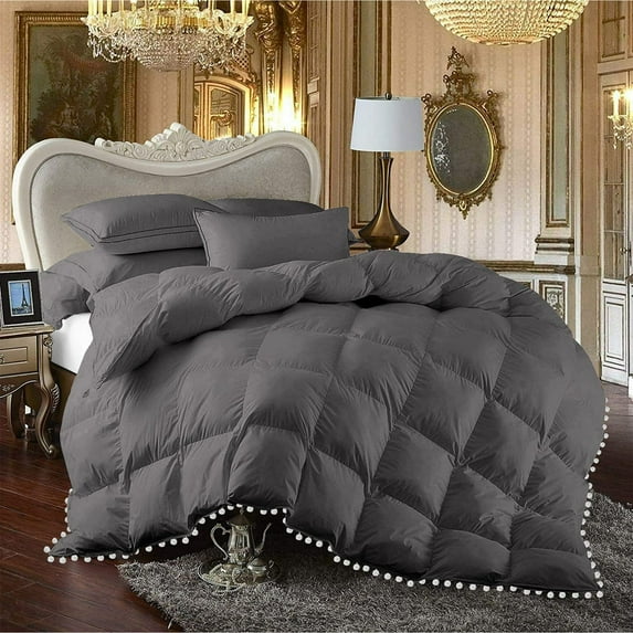 DNG Creations 3 Piece Pom Pom Box Design Comforter 550 GSM All Season White Vintage Pom-Pom Fringe ( Full/Queen Size ) 100% Egyptian Cotton, Solid Dark Grey Colour