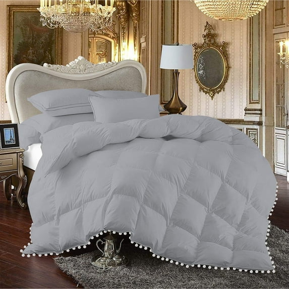 DNG Creations 3 Piece Pom Pom Box Design Comforter 550 GSM All Season White Vintage Pom-Pom Fringe ( Twin/Twin XL Size ) 100% Egyptian Cotton, Solid Silver Colour