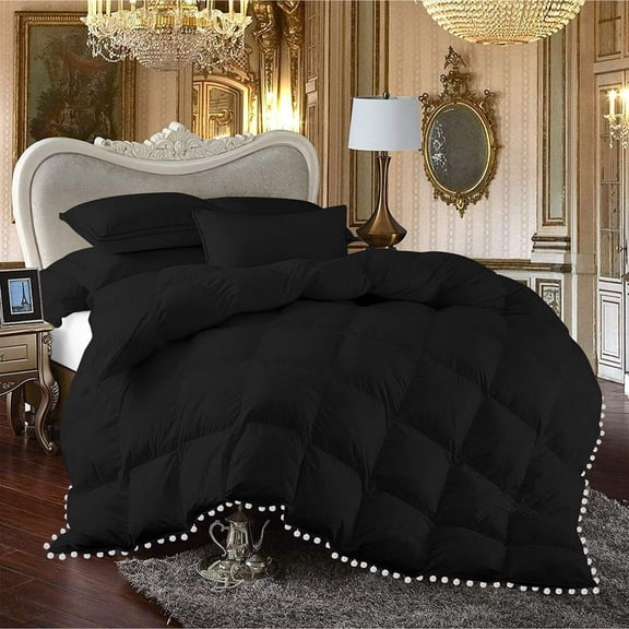 DNG Creations 3 Piece Pom Pom Box Design Comforter 550 GSM All Season White Vintage Pom-Pom Fringe ( Full/Queen Size ) 100% Egyptian Cotton, Solid Black Colour