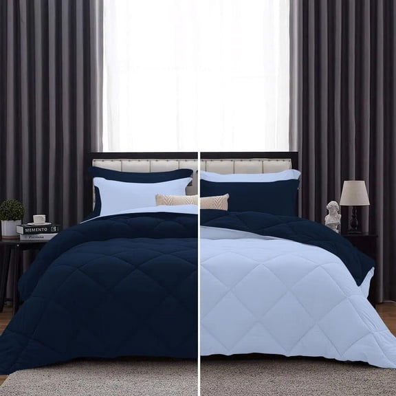 DNG Creations 3 Piece Reversible Diamond Pattern Comforter ( Light-Blue/Navy-Blue Colour ) 550 GSM All - Season 100% Egyptian Cotton, 800 TC - Oversized Queen - Size