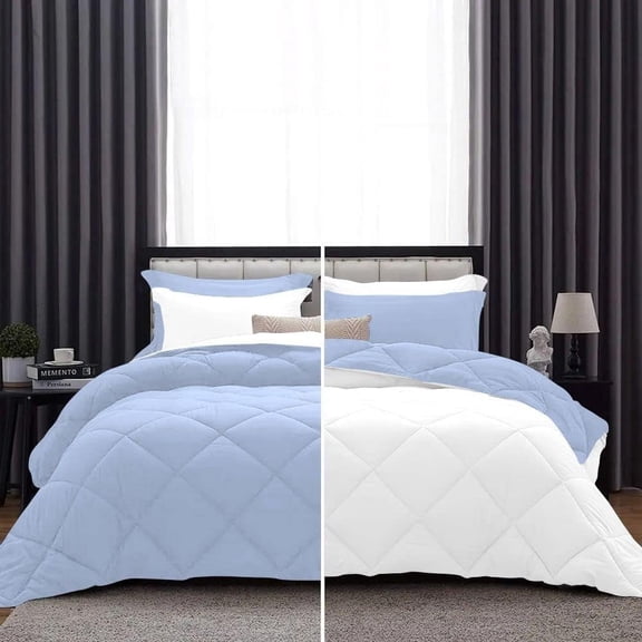 DNG Creations 3 Piece Reversible Diamond Pattern Comforter All Season 550 GSM - Oversized Queen - Size ( Light-Blue/White Colour ) 800 Threads Count, 100% Egyptian Cotton