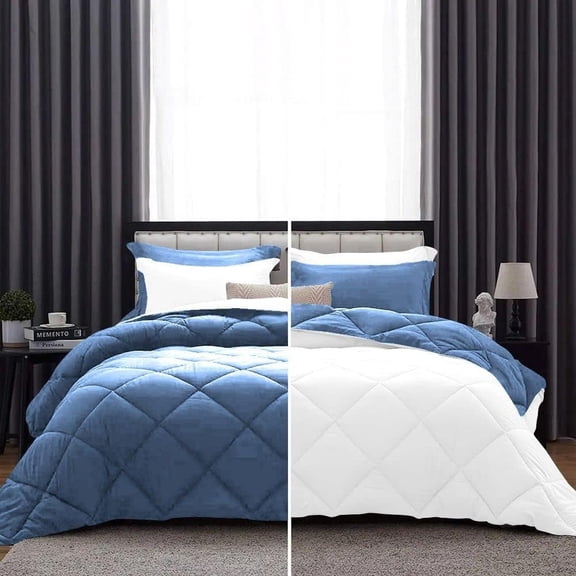 DNG Creations 3 Piece Reversible Diamond Pattern Comforter All Season 550 GSM - Oversized Queen - Size ( Medium-Blue/White Colour ) 800 Threads Count, 100% Egyptian Cotton