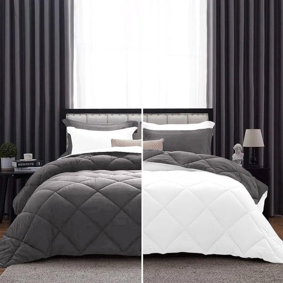 DNG Creations 3 Piece Reversible Diamond Pattern Comforter All Season 550 GSM - Twin/ Twin XL - Size ( Dark-Grey/White Colour ) 800 Threads Count, 100% Egyptian Cotton
