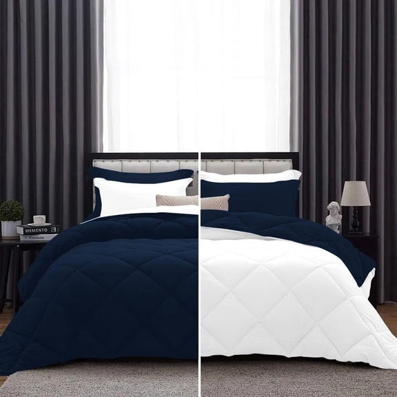 DNG Creations 3 Piece Reversible Diamond Pattern Comforter All Season 550 GSM - Twin/ Twin XL - Size ( Navy-Blue/White Colour ) 800 Threads Count, 100% Egyptian Cotton