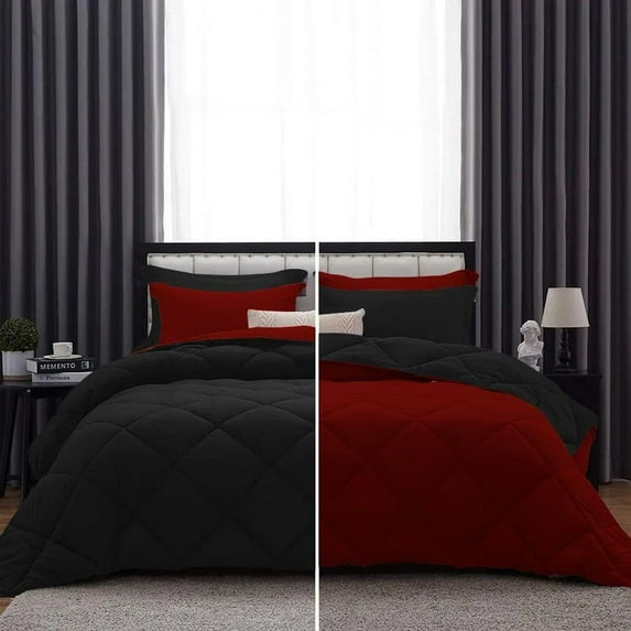 DNG Creations 3 Piece Reversible Diamond Pattern Comforter Solid - 100% Egyptian Cotton, 800 TC ( Oversized Queen - Size ) All-Season 550 GSM ( Burgundy/Black Colour )