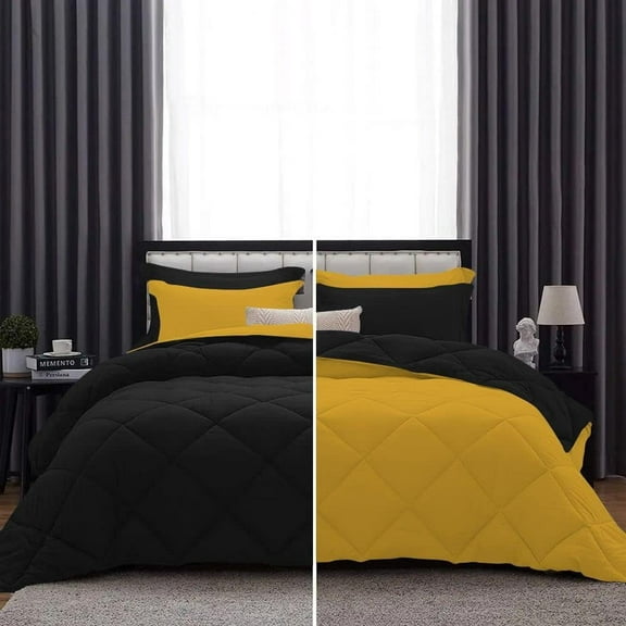 DNG Creations 3 Piece Reversible Diamond Pattern Comforter Solid - 100% Egyptian Cotton, 800 TC ( Oversized Queen - Size ) All-Season 550 GSM ( Gold/Black Colour )
