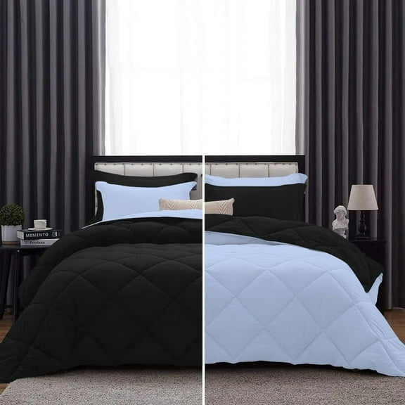 DNG Creations 3 Piece Reversible Diamond Pattern Comforter Solid - 100% Egyptian Cotton, 800 TC ( Oversized Queen - Size ) All-Season 550 GSM ( Light-Blue/Black Colour )