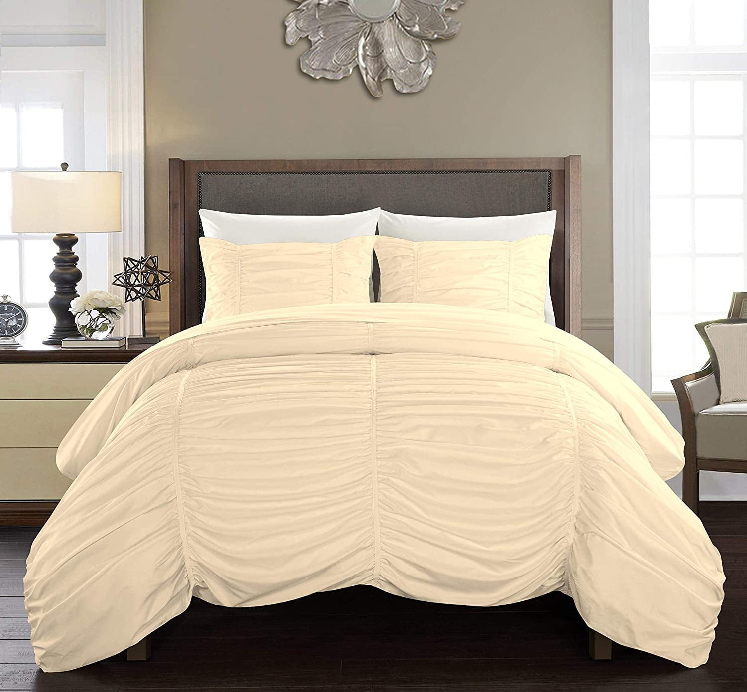 DNG Creations 3 Piece Ruched Pattern Duvet Cover 100% Egyptian Cotton, 800 TC- With Zipper Closure & Corner Ties ( Solid Ivory - California King )