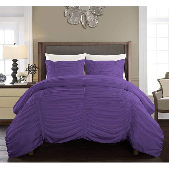 DNG Creations 3 Piece Ruched Pattern Duvet Cover 100% Egyptian Cotton, 800 TC- With Zipper Closure & Corner Ties ( Solid Purple - Oversized King )